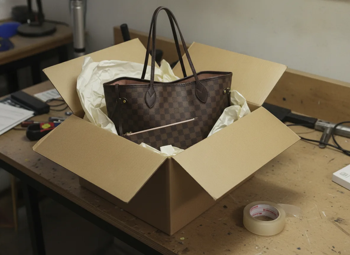 A Louis Vuitton Neverfull arriving in its shipping box, tissue still in place